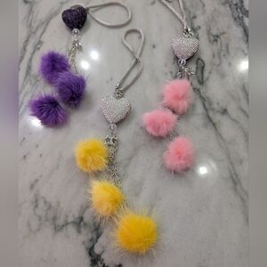 Faux Fur Pom-Pom Heart Pendant Car Mirror Or Bag Charm - Pink, Yellow, Purple